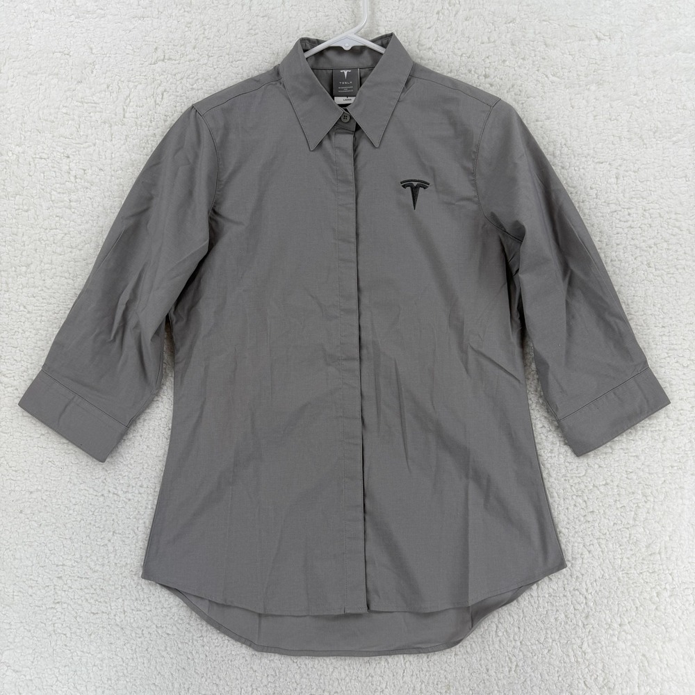Tesla Shirt Womens Small Gray Embroidered Logo 3/4 Sleeve‎ Button Front Stretch